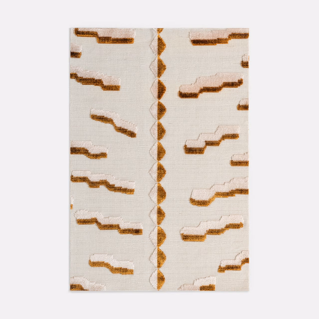 Pale cream velvet with tobacco-brown stepped motifs and central zigzag stripe