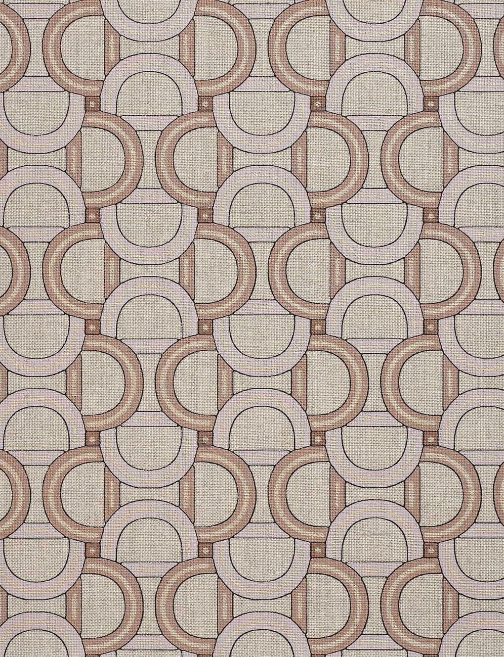 Warm alabaster wallpaper with interlocking taupe and rose-brown arch shapes