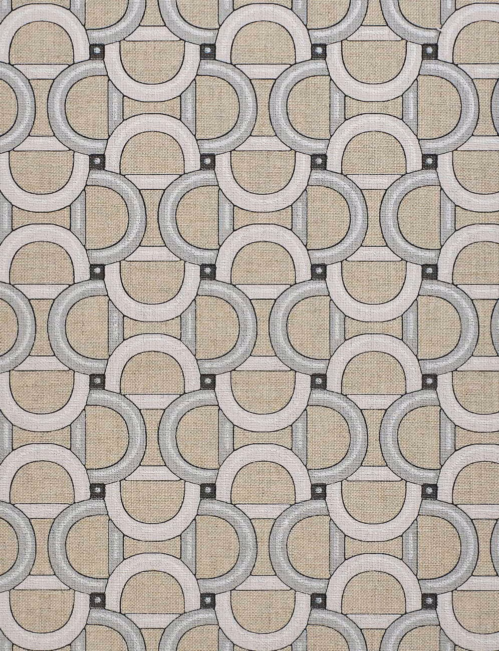 Cool silver-grey wallpaper with interlocking arches, beige panels and charcoal accents