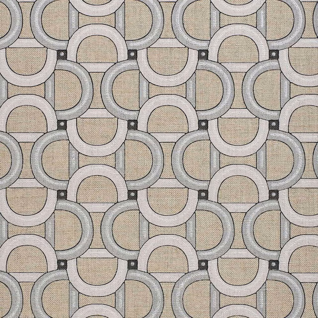 Cool silver-grey wallpaper with interlocking arches, beige panels and charcoal accents