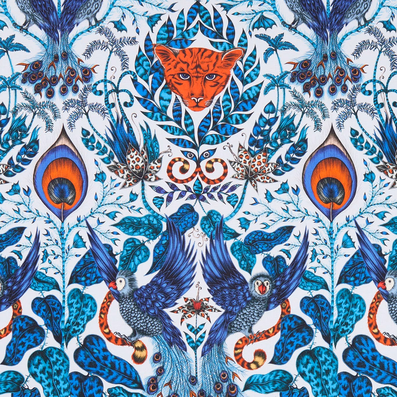Amazon Blue fabric with orange tiger, blue peacocks and intricate teal jungle foliage