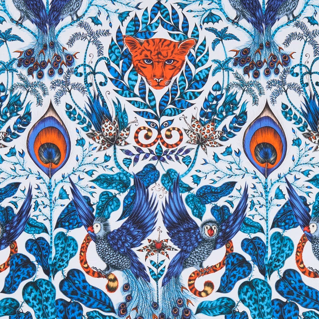 Amazon Blue fabric with orange tiger, blue peacocks and intricate teal jungle foliage