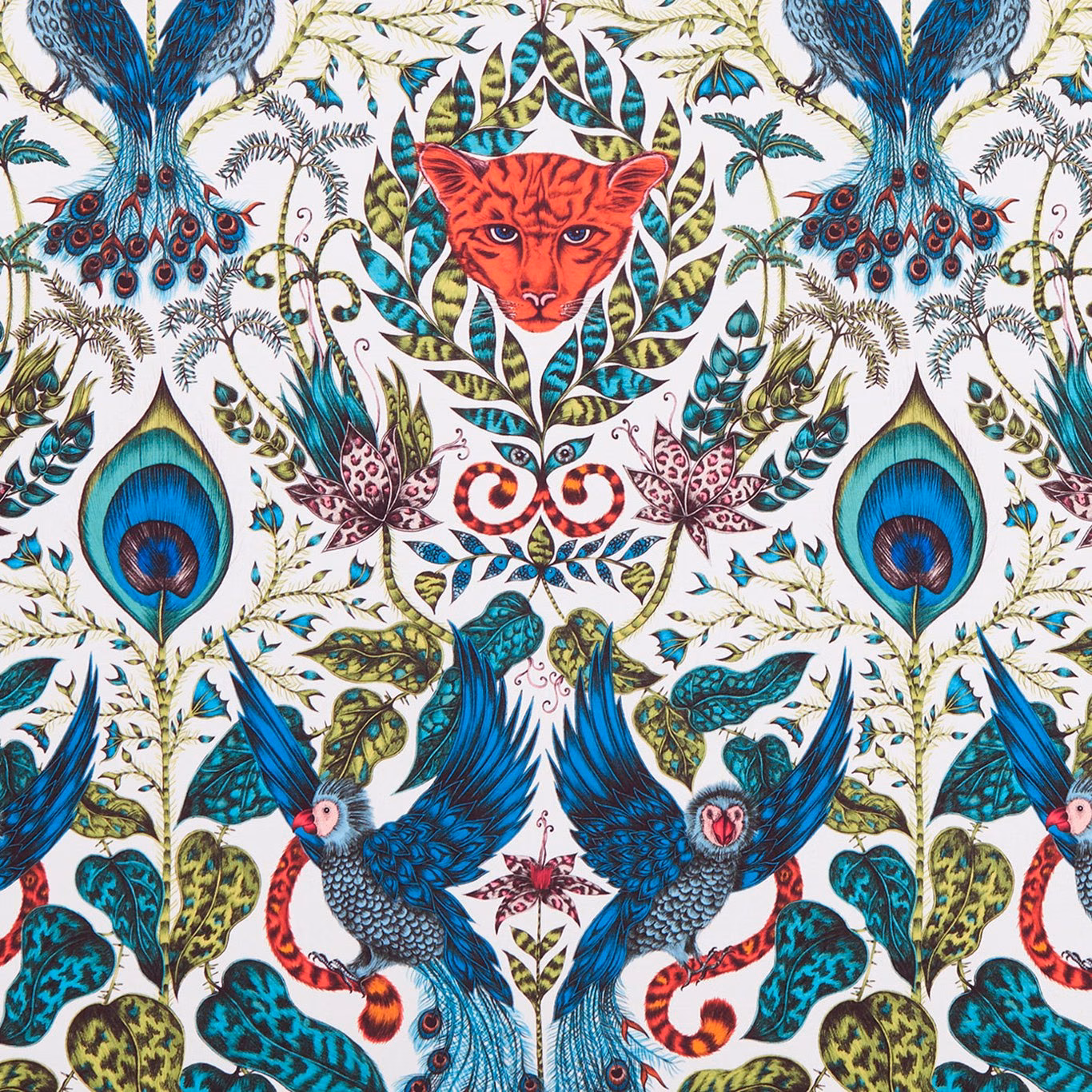 Red fox, blue peacocks and teal foliage on a white ground