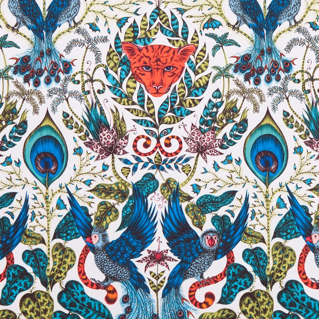 Red fox, blue peacocks and teal foliage on a white ground