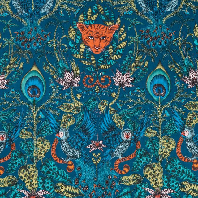 Deep teal fabric with tiger, peacock feathers, birds and gold botanical motifs