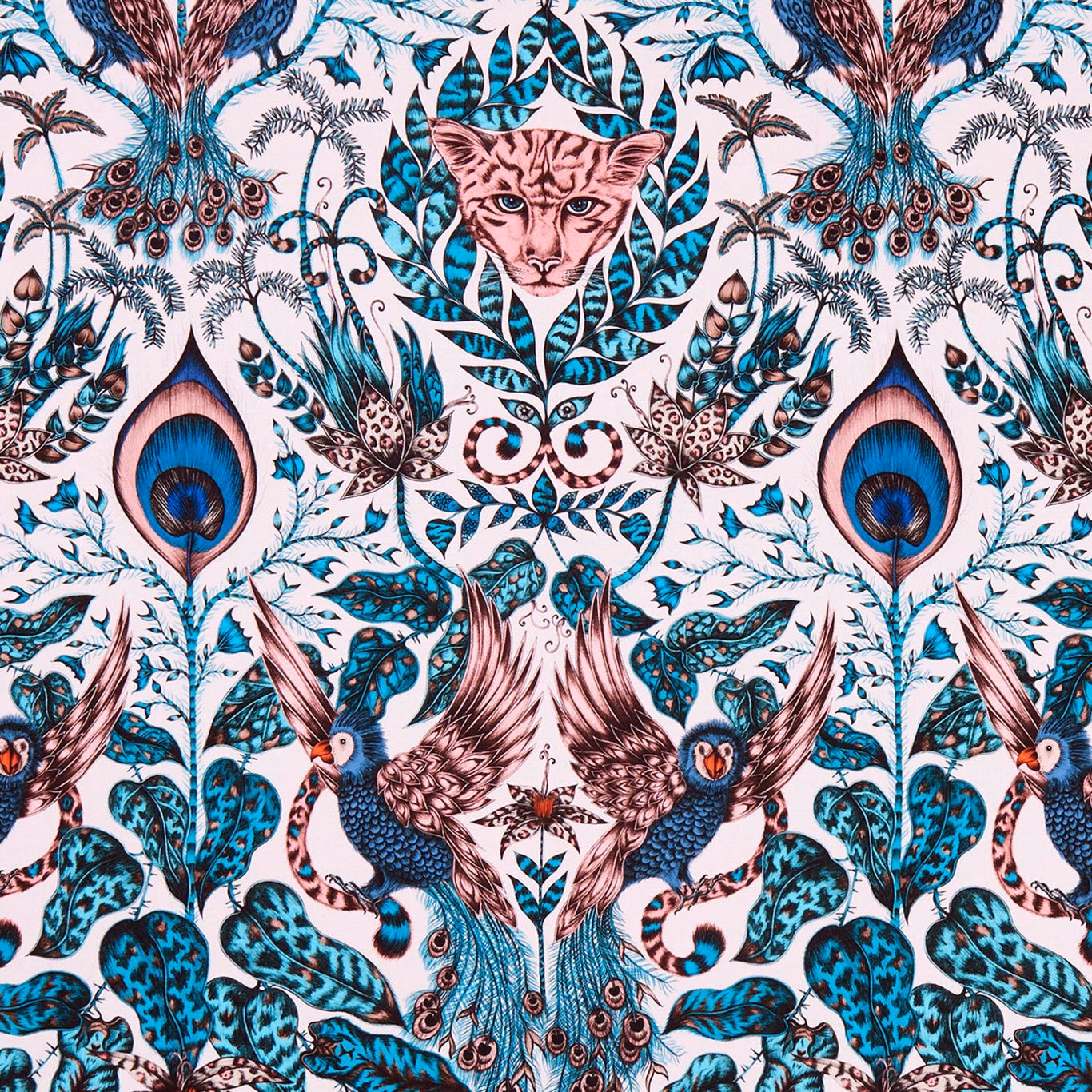 Blush-pink fabric with turquoise peacocks, blue birds, leopard and botanical motifs