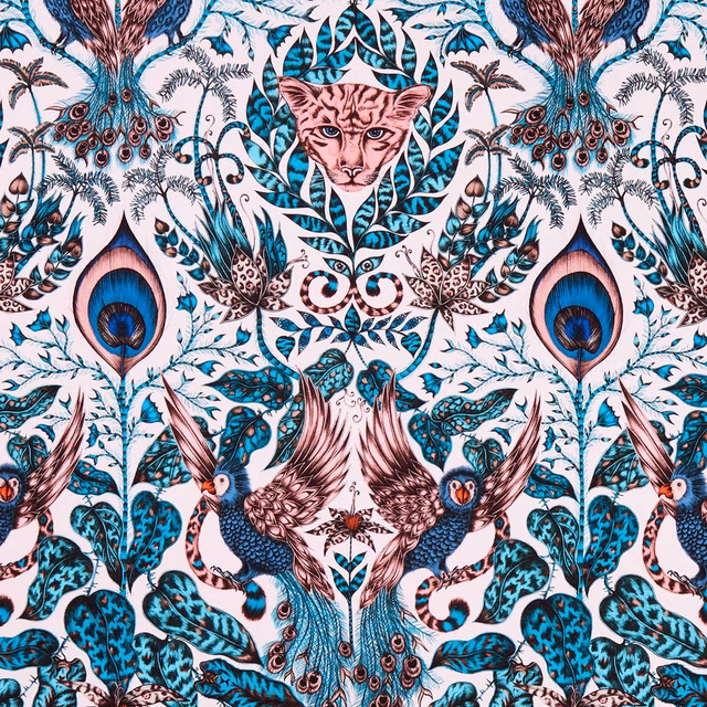 Blush-pink fabric with turquoise peacocks, blue birds, leopard and botanical motifs