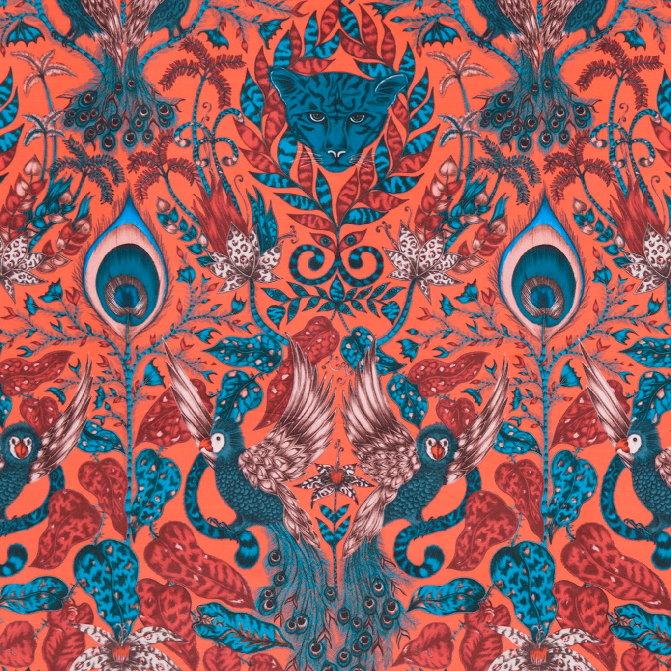 Vivid coral-red velvet with teal peacocks, birds, foliage and a central cat motif