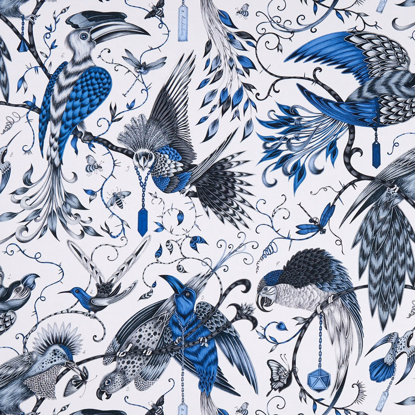 Jewel-blue birds and black botanical linework on an ivory Audubon Blue fabric