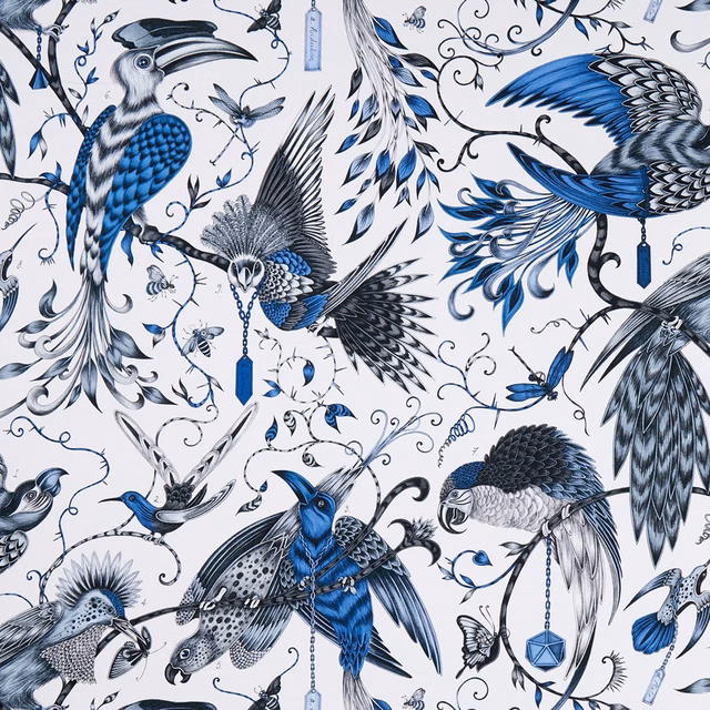 Jewel-blue birds and black botanical linework on an ivory Audubon Blue fabric