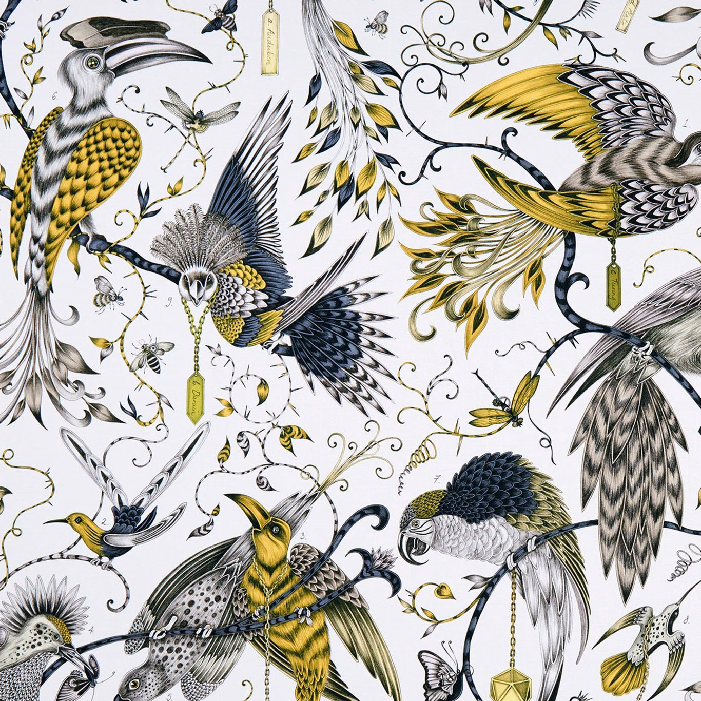Ivory Audubon fabric with gold-plumed birds, black wings and curling botanical vines