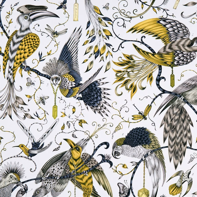 Ivory Audubon fabric with gold-plumed birds, black wings and curling botanical vines