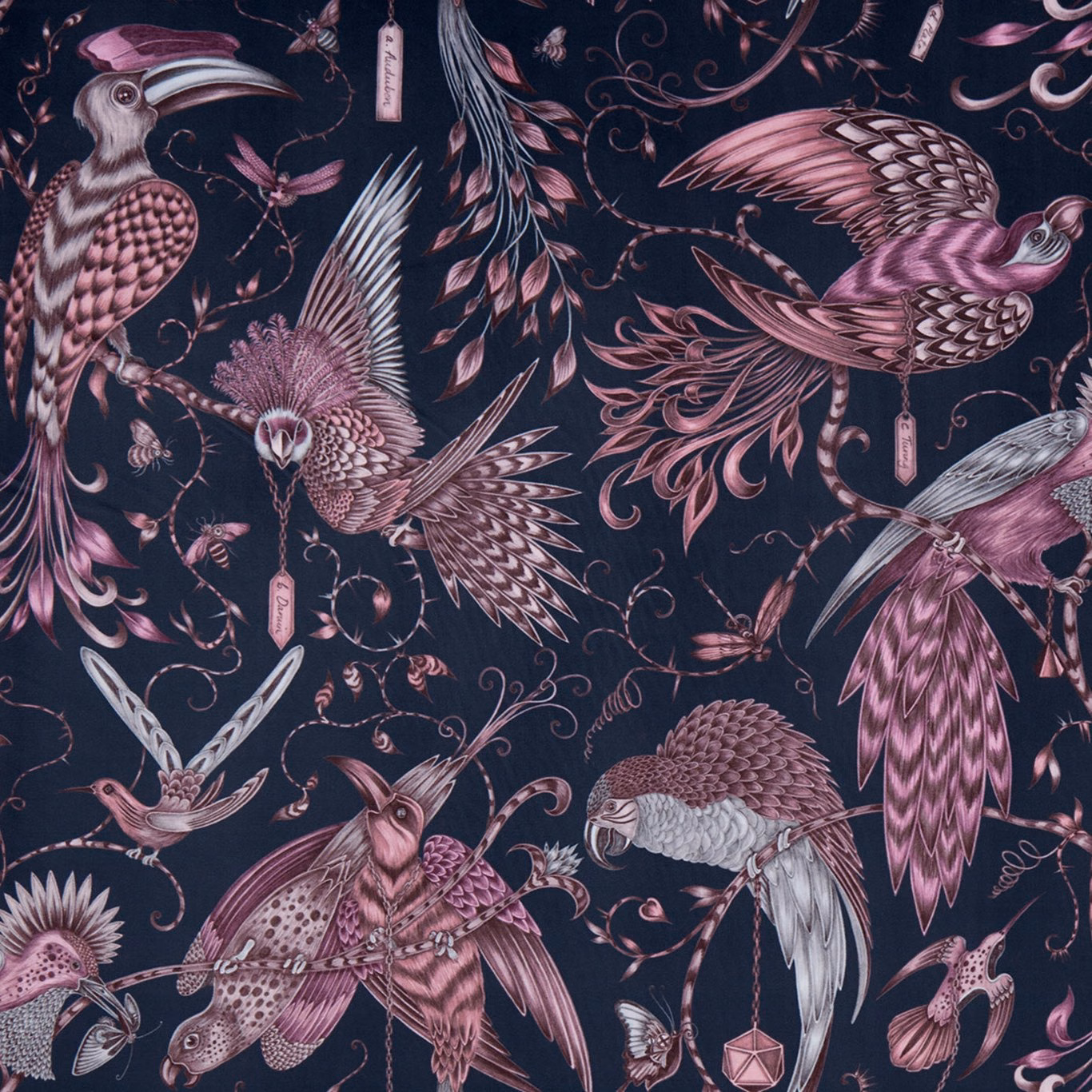 Dusky pink birds and plum foliage on a deep navy velvet ground