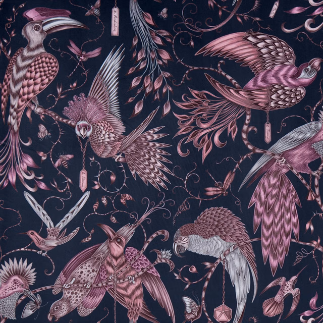 Dusky pink birds and plum foliage on a deep navy velvet ground
