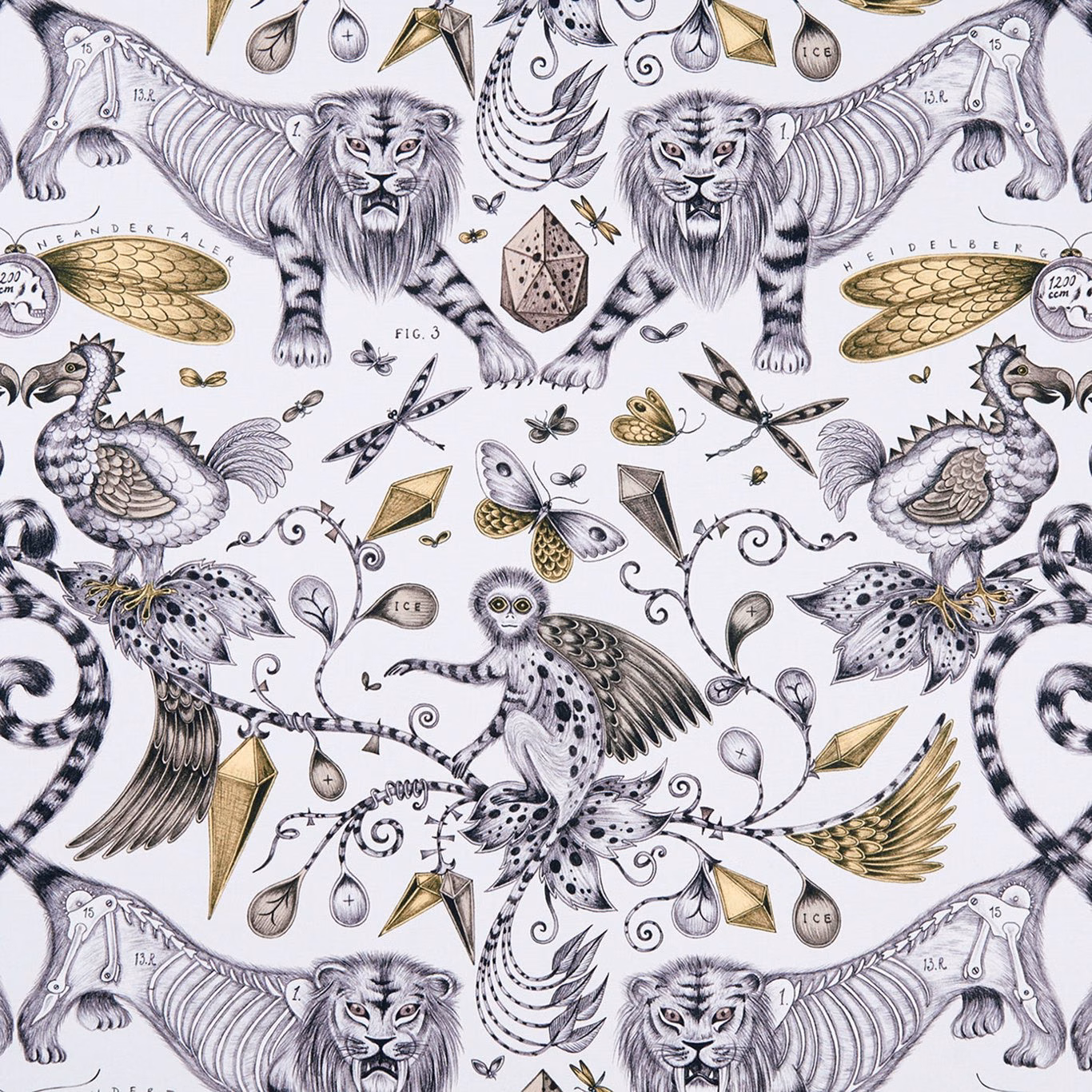 Warm ivory animal print with graphite lions, birds and delicate gold jewel motifs
