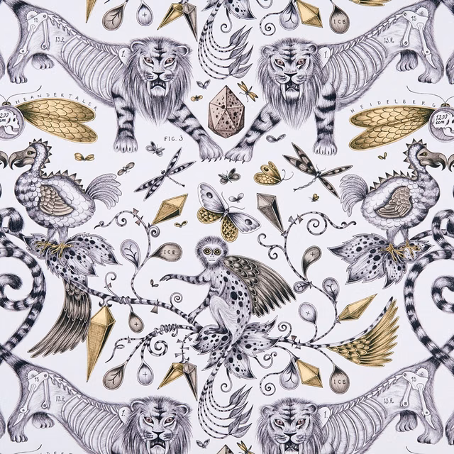 Warm ivory animal print with graphite lions, birds and delicate gold jewel motifs
