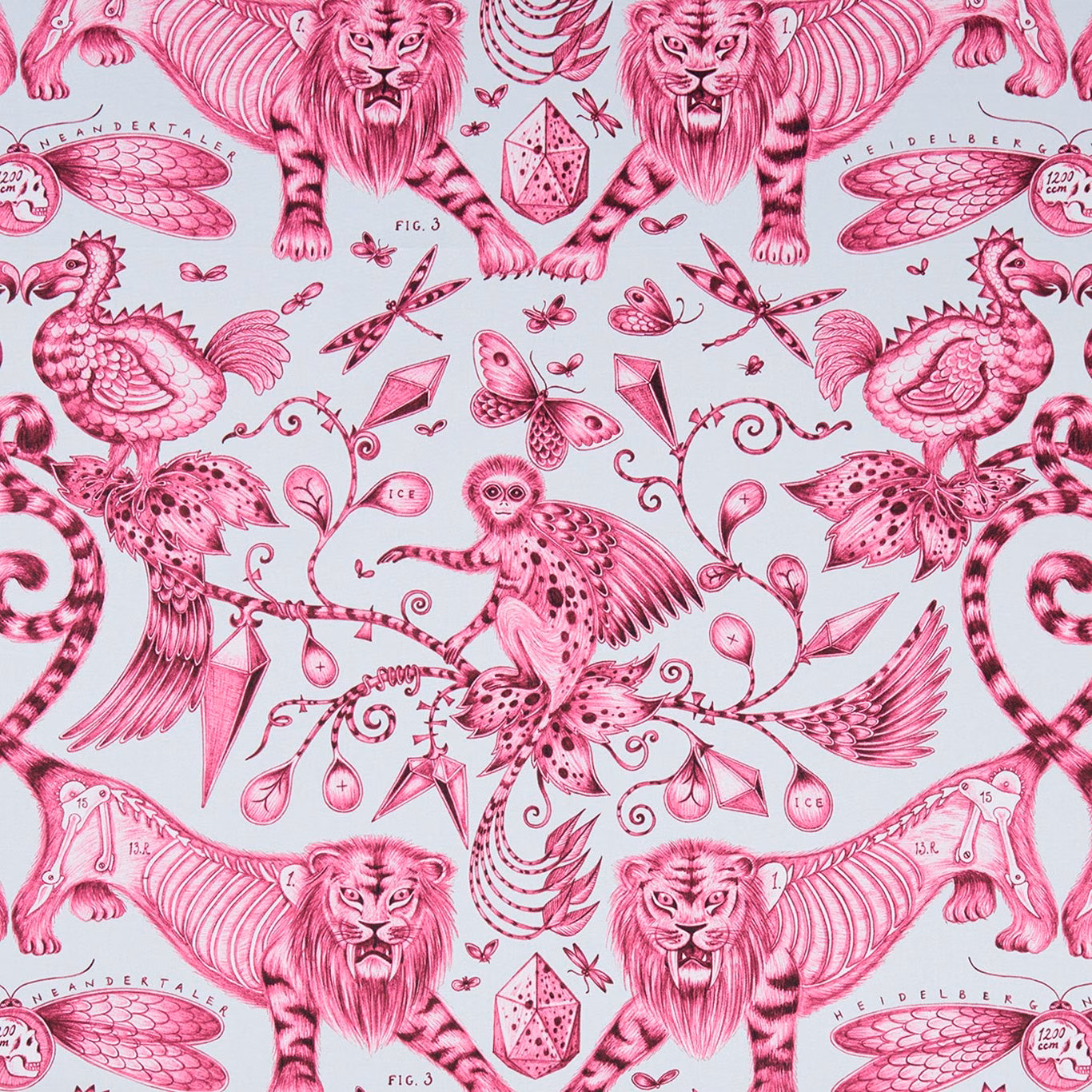 Magenta lions, birds and butterflies in ornate linework on a pale blue-grey ground