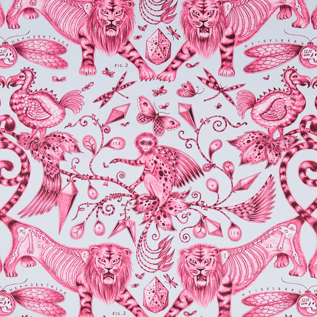 Magenta lions, birds and butterflies in ornate linework on a pale blue-grey ground