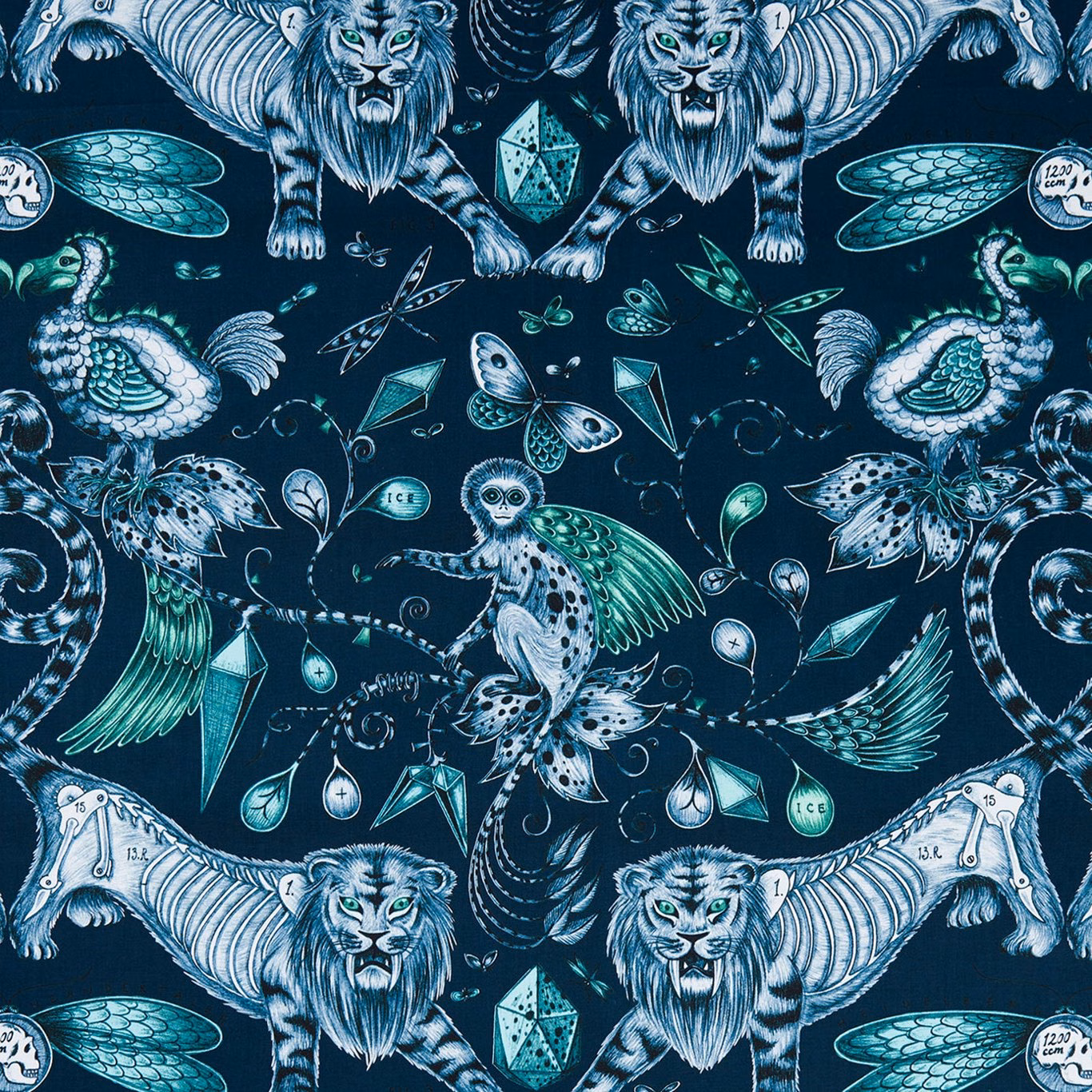 Deep navy fabric with turquoise lions, birds, jewels and botanical motifs