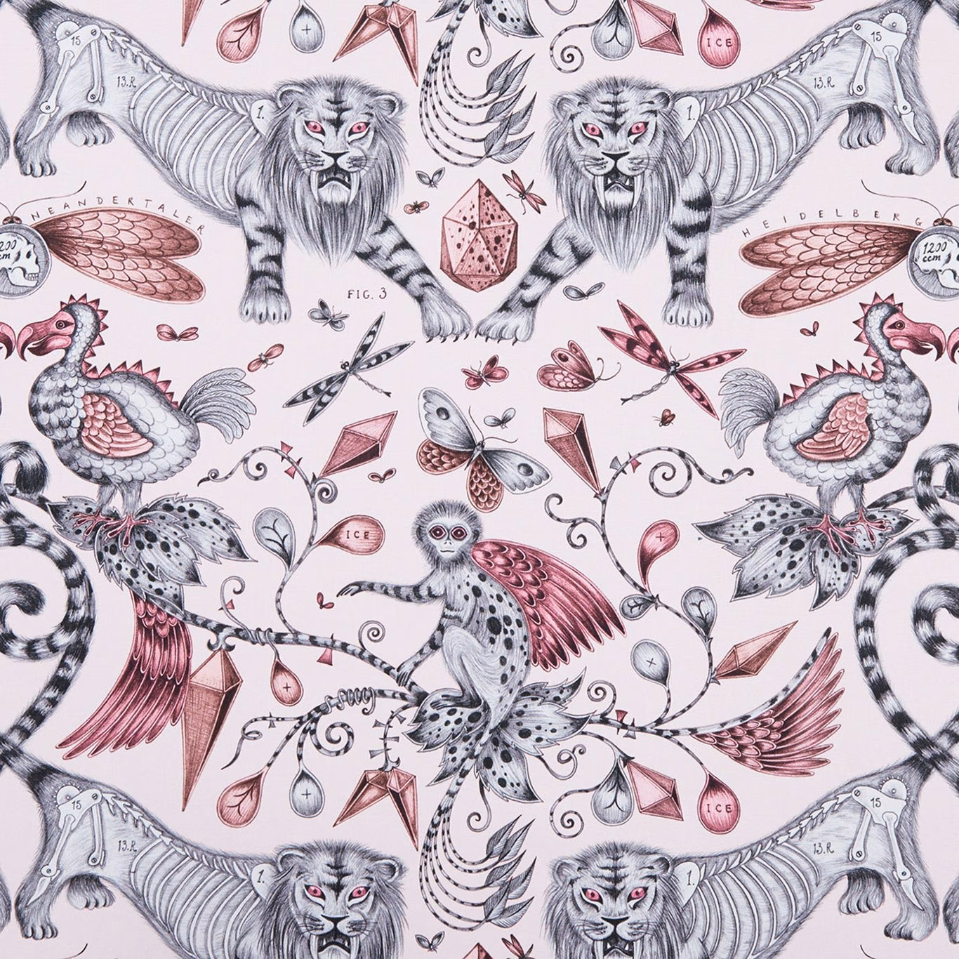 Blush pink fabric with grey lions, swans, birds, feathers and jewel motifs
