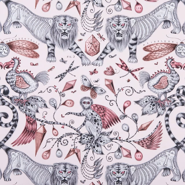 Blush pink fabric with grey lions, swans, birds, feathers and jewel motifs