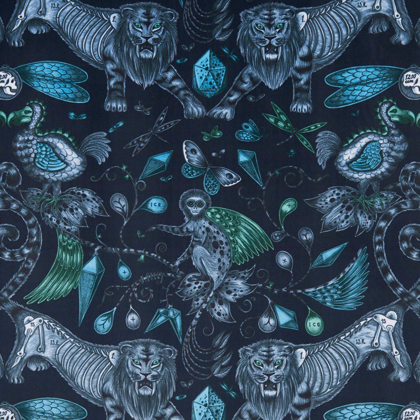 Ink navy velvet with winged lions, birds, monkeys and turquoise jewel motifs
