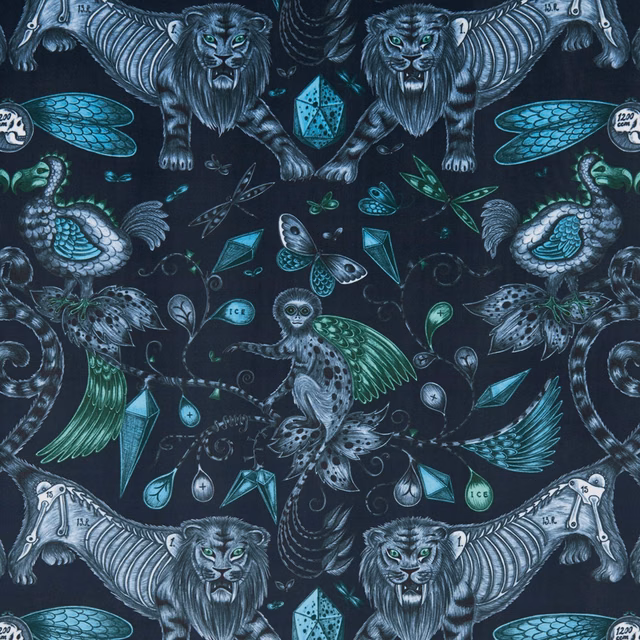 Ink navy velvet with winged lions, birds, monkeys and turquoise jewel motifs