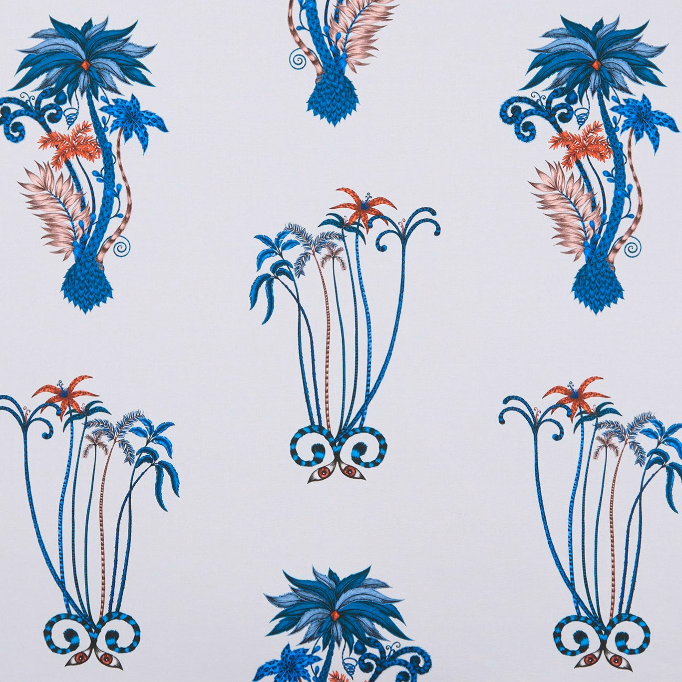 Cool blue Jungle Palms with turquoise palms, coral blooms and curling botanical stems
