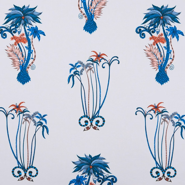 Cool blue Jungle Palms with turquoise palms, coral blooms and curling botanical stems