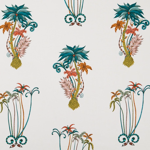 Teal and coral tropical palms with ochre foliage on a pale ivory ground