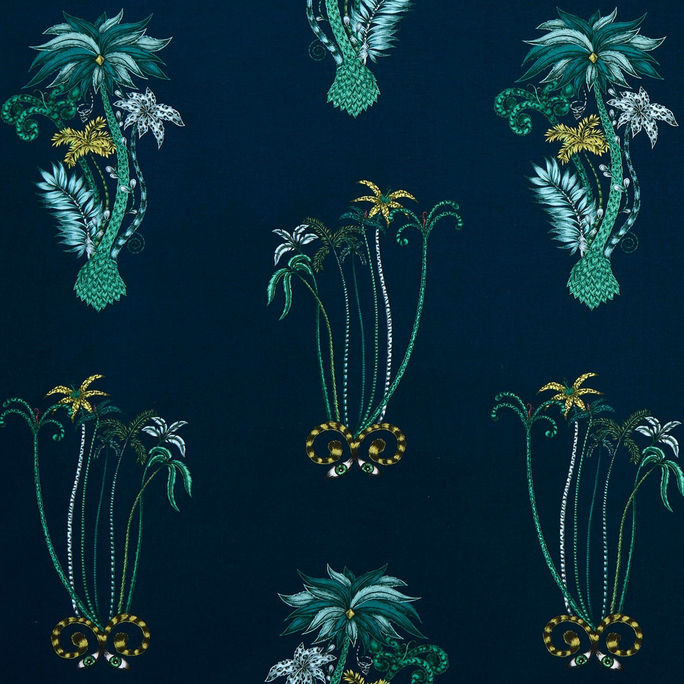 Deep navy fabric with emerald palms, turquoise fronds and olive-gold botanical accents