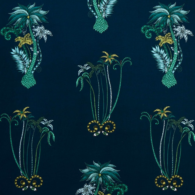 Deep navy fabric with emerald palms, turquoise fronds and olive-gold botanical accents