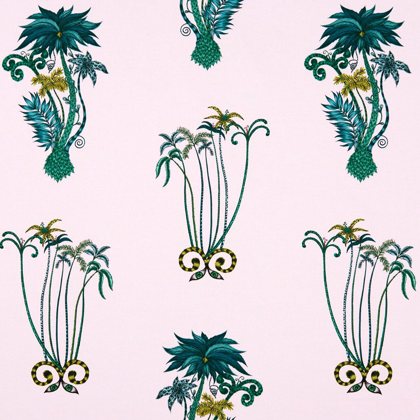 Pale pink fabric with emerald palm clusters, curling vines and gold botanical accents
