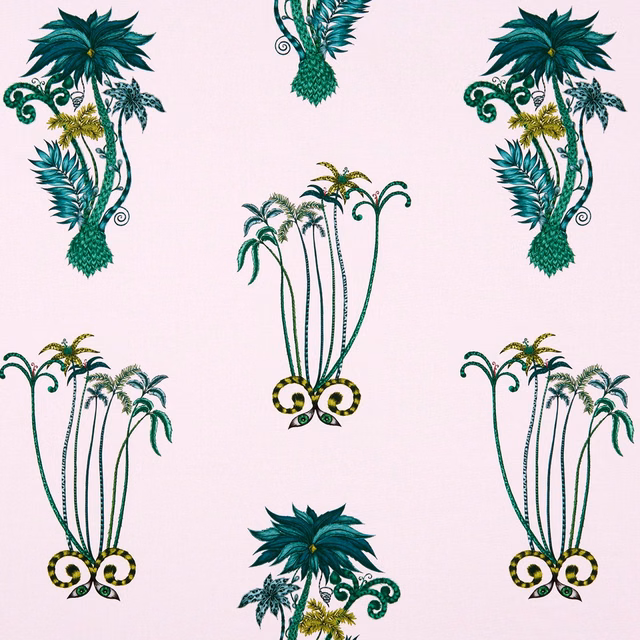 Pale pink fabric with emerald palm clusters, curling vines and gold botanical accents