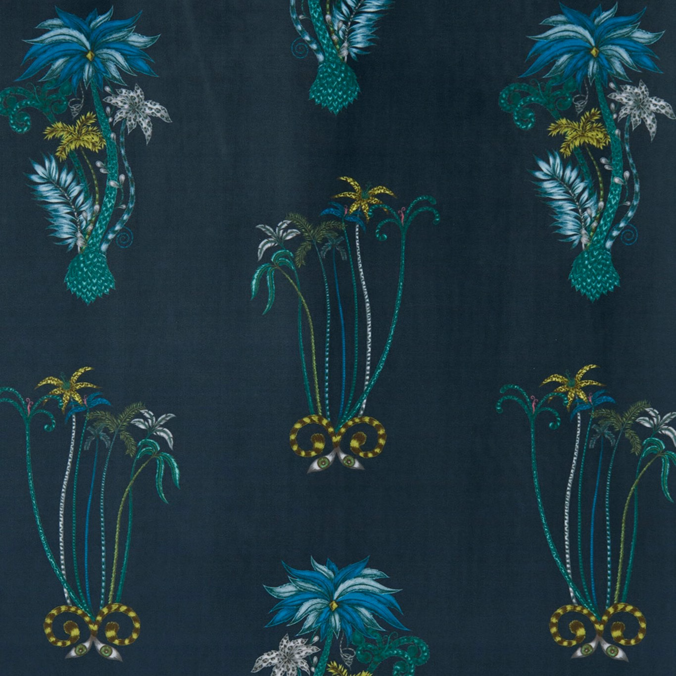 Deep navy velvet with turquoise palms, blue blooms, gold loops and white foliage