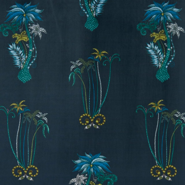 Deep navy velvet with turquoise palms, blue blooms, gold loops and white foliage