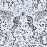 Pale eggshell-blue fabric with monochrome zebras, spotted cats, foliage and birds