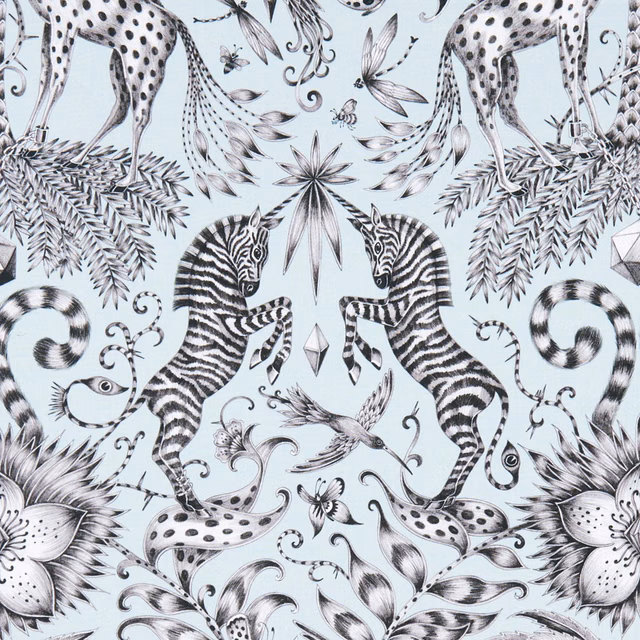 Pale eggshell-blue fabric with monochrome zebras, spotted cats, foliage and birds