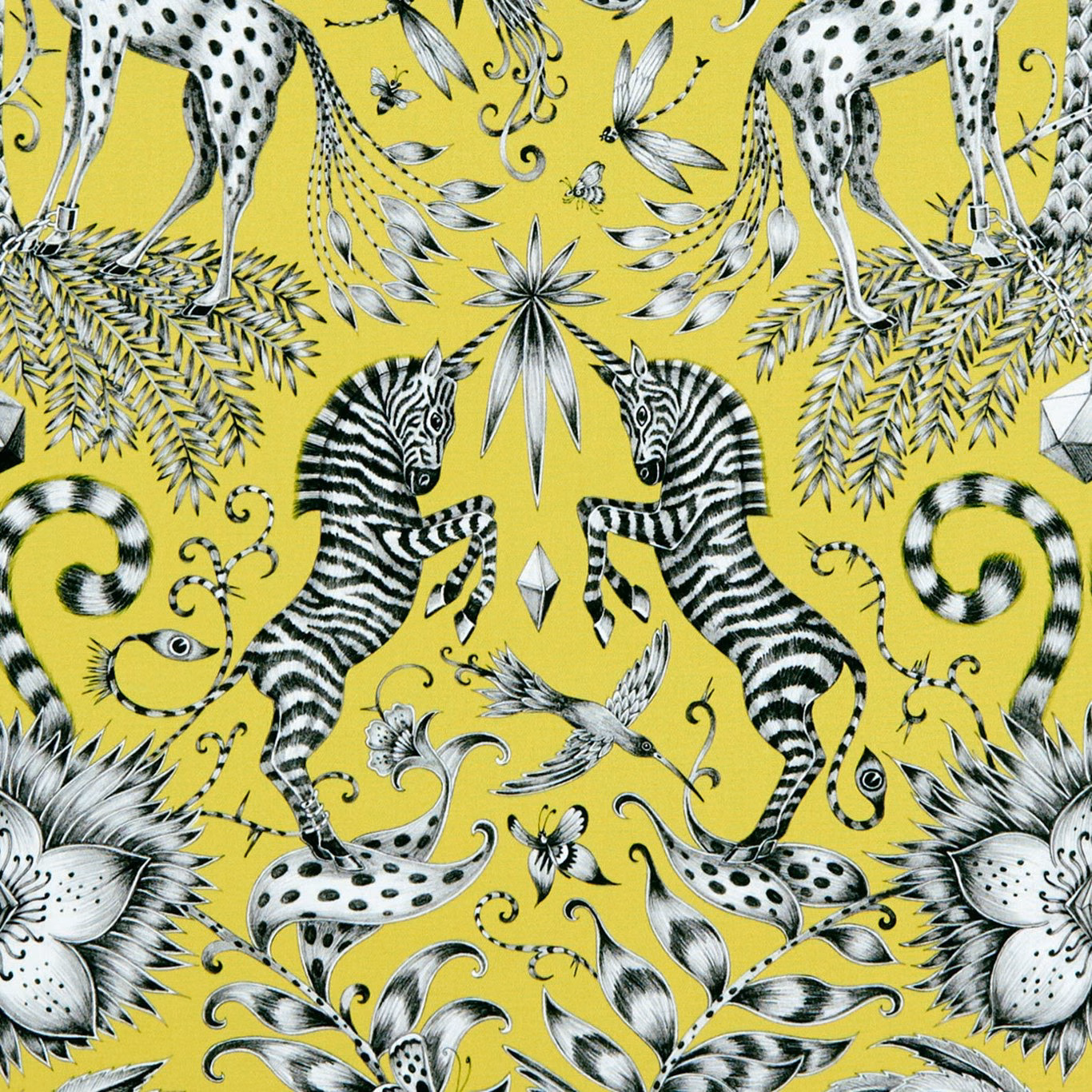 Vivid lime fabric with black-and-white zebras, spotted cats, birds and botanical motifs
