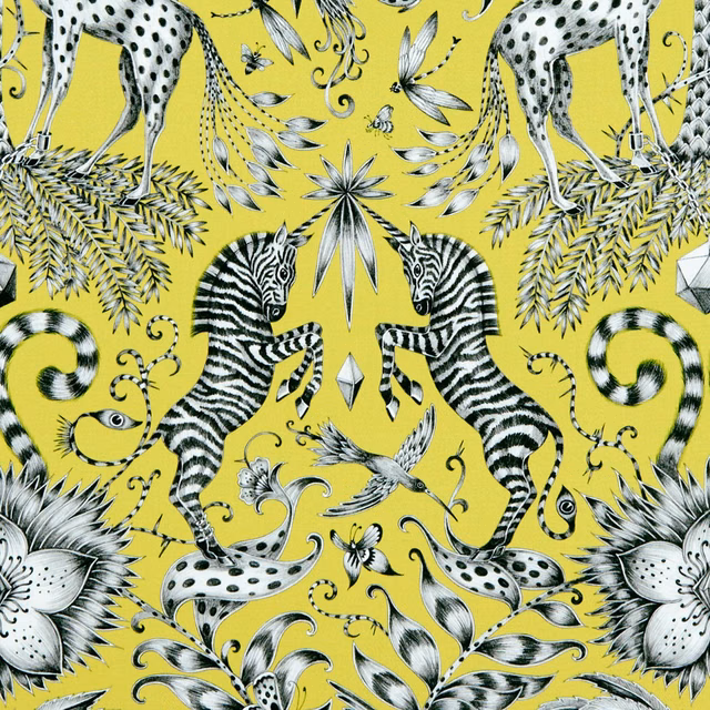 Vivid lime fabric with black-and-white zebras, spotted cats, birds and botanical motifs