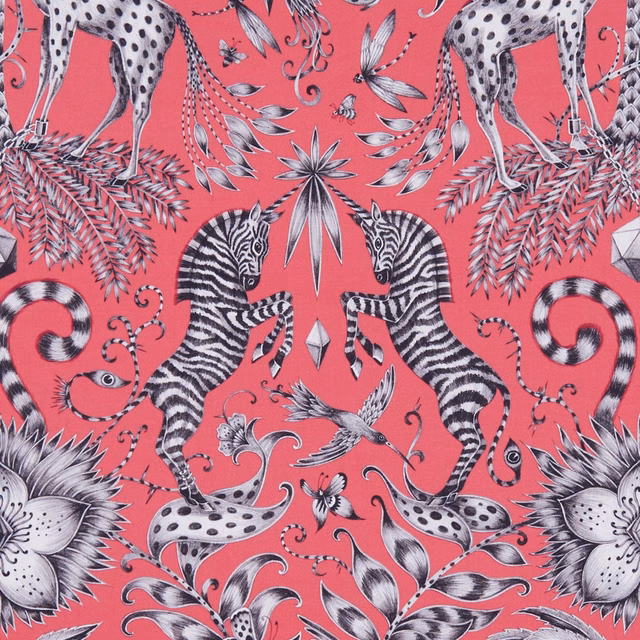 Vivid magenta fabric with black-and-white zebras, spotted animals and botanical wildlife illustration