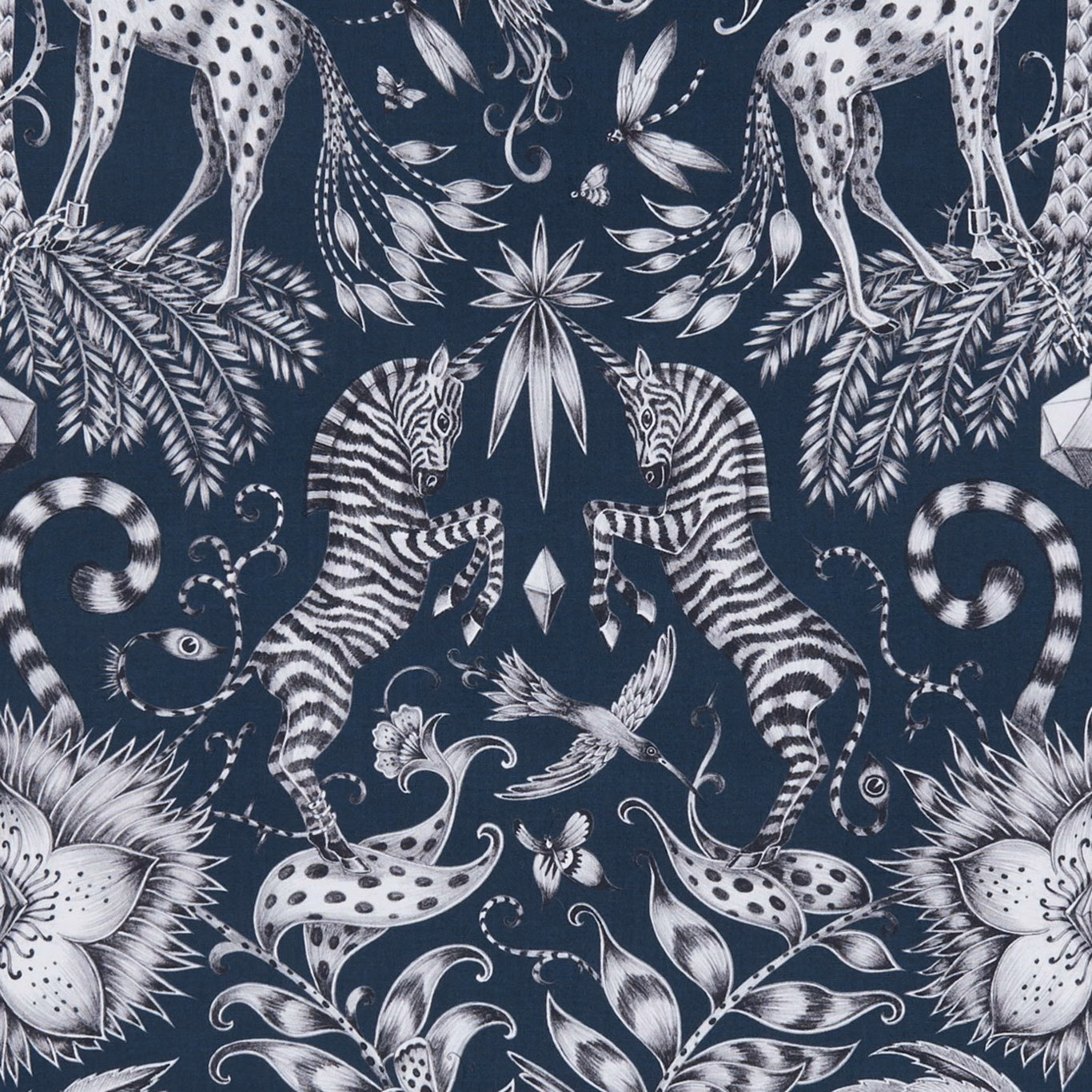 Deep navy fabric with ivory zebras, spotted animals, birds, flowers and foliage