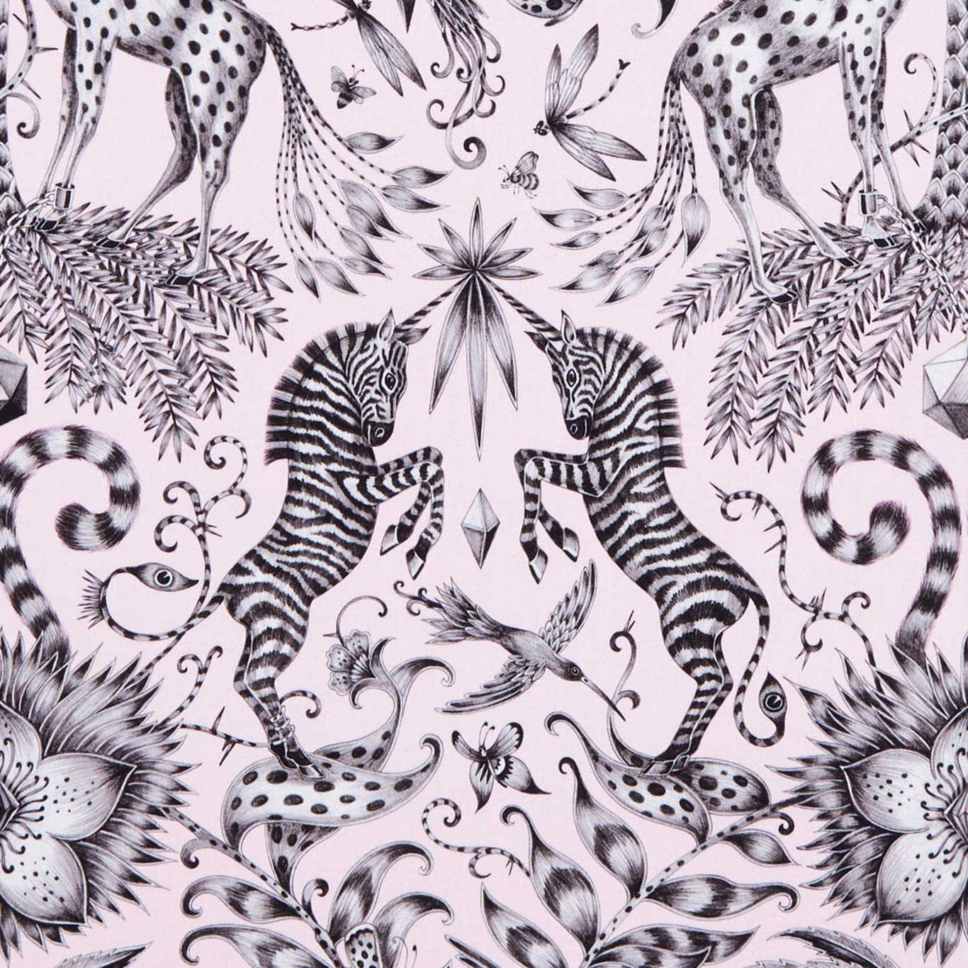 Pale blush-pink fabric with black zebras, spotted cats, birds and curling botanical motifs