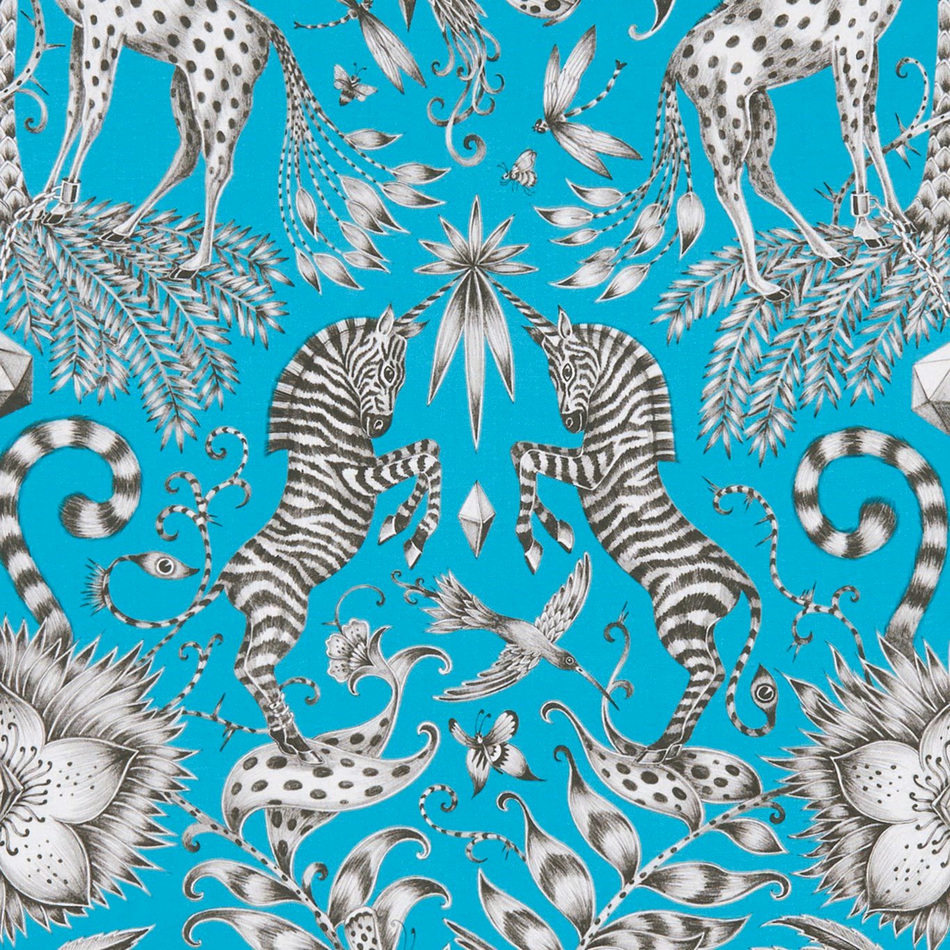 Saturated turquoise-teal fabric with monochrome zebras, spotted cats and curling botanical motifs