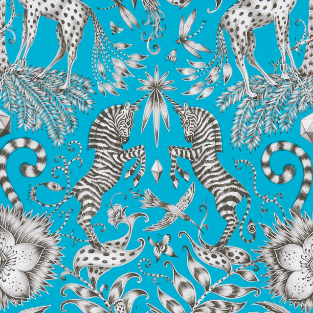 Saturated turquoise-teal fabric with monochrome zebras, spotted cats and curling botanical motifs