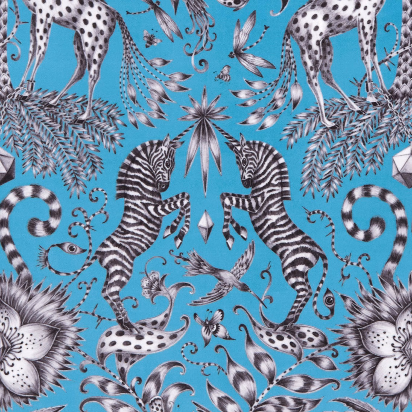 Turquoise teal velvet showing black-and-white zebras, spotted leopards and botanical motifs