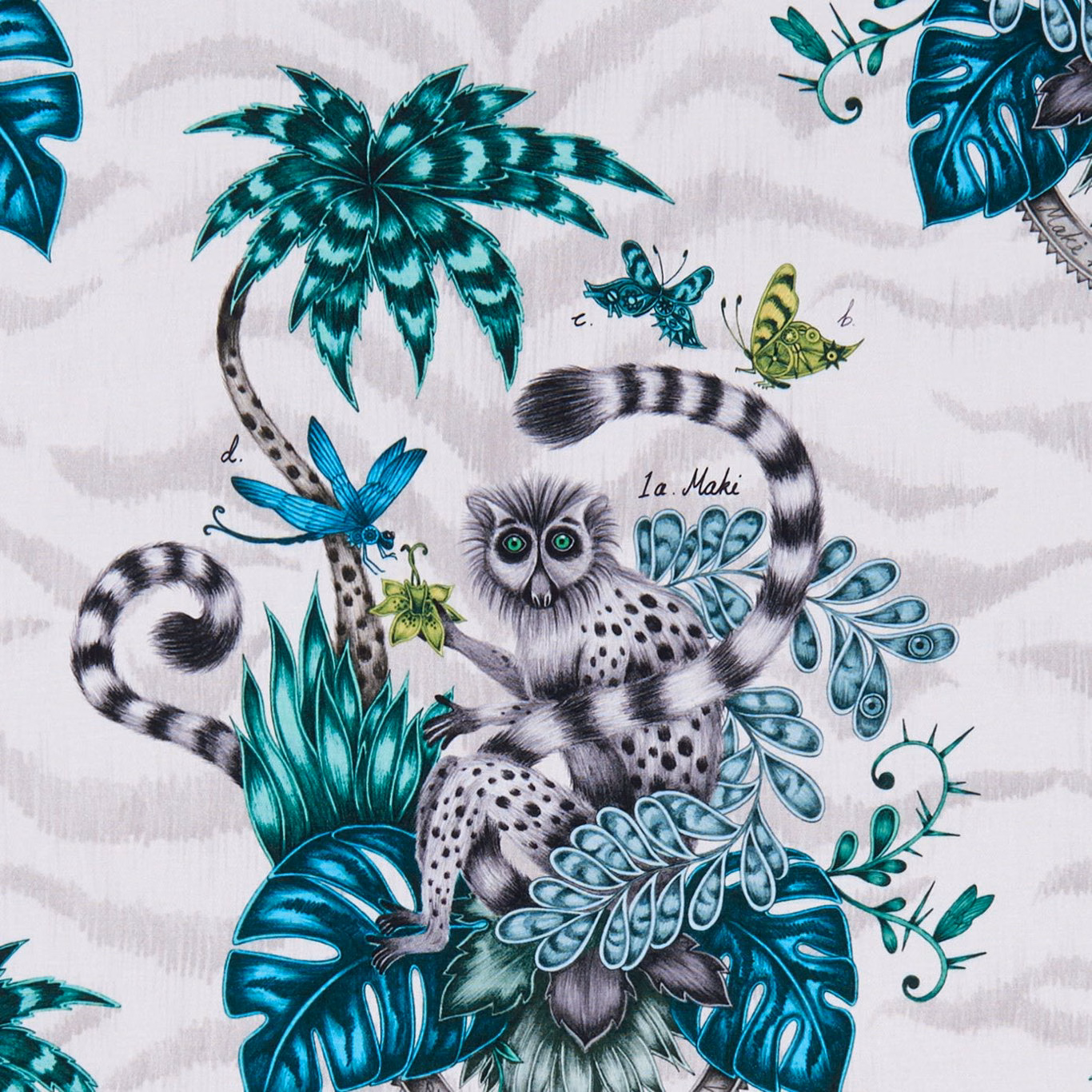 Pale grey Lemur Jungle swatch with turquoise leaves, spotted lemur and striped tails
