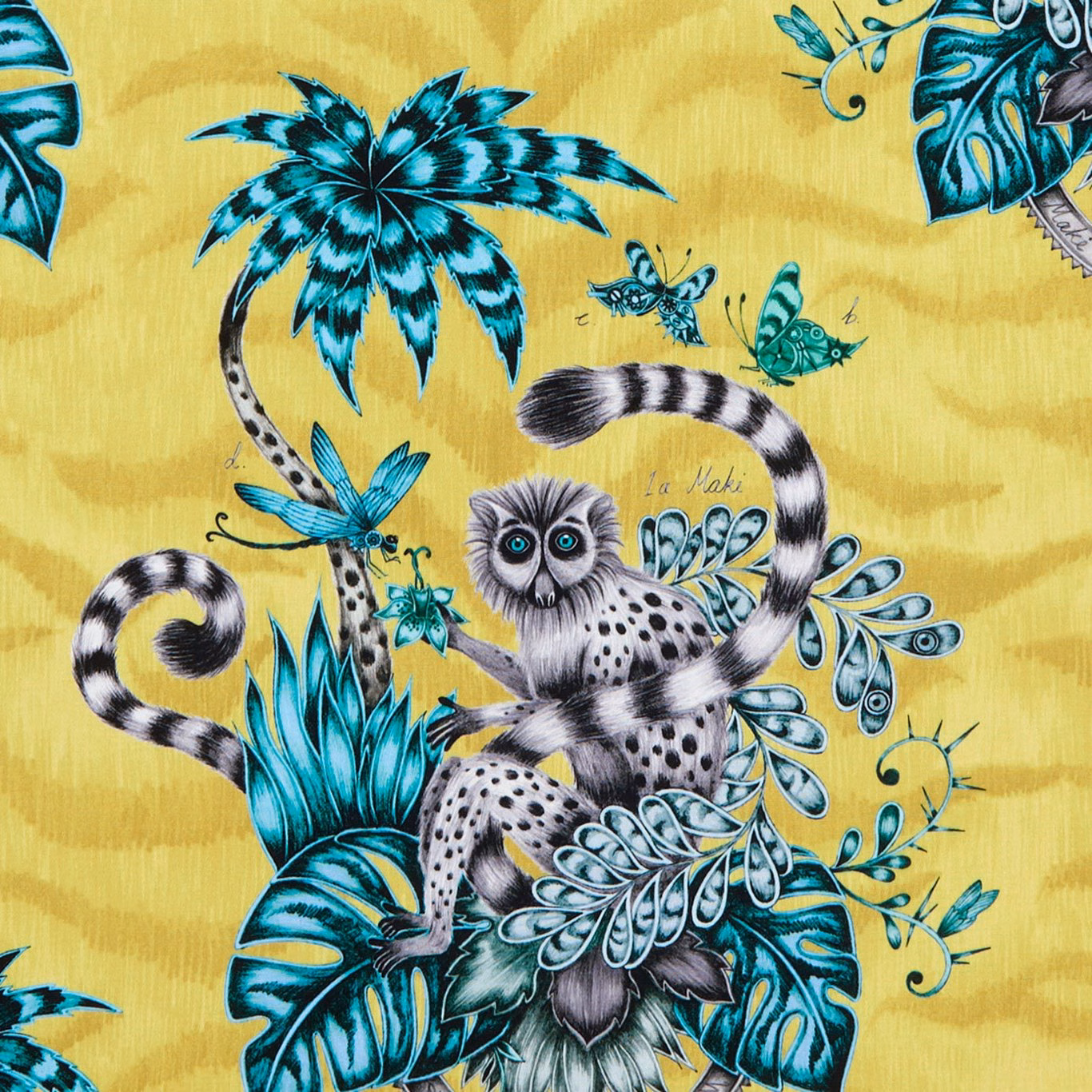 Lime-yellow fabric with a ring-tailed lemur, turquoise foliage and butterflies