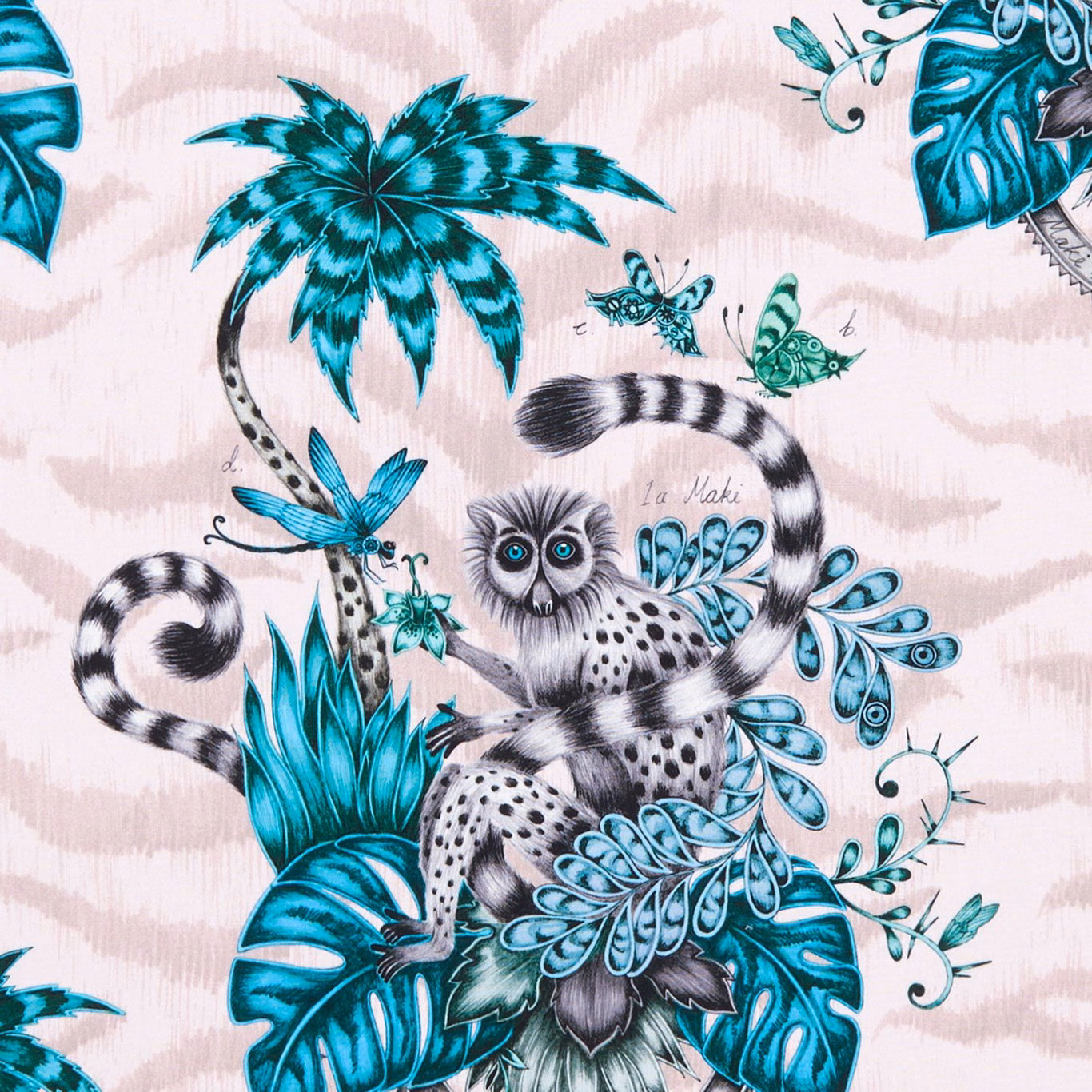 Blush pink fabric with teal jungle leaves, striped lemur and turquoise insects
