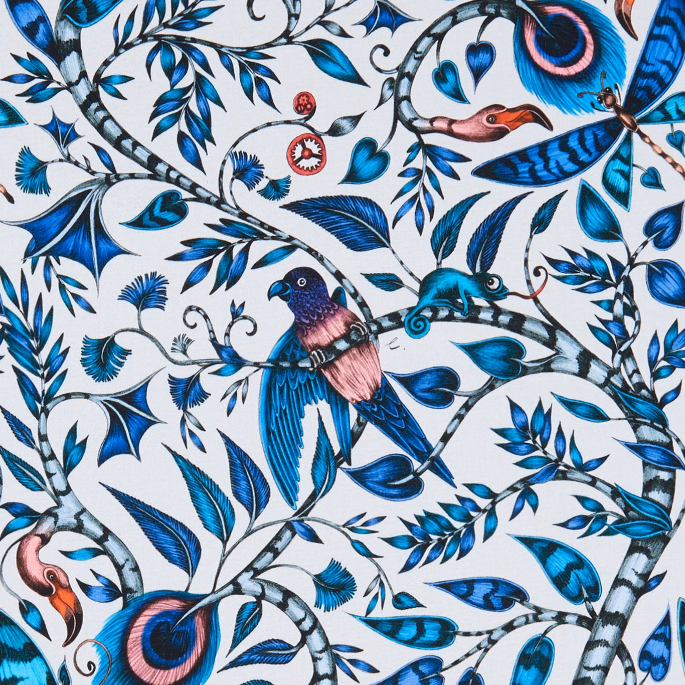 Rousseau Blue fabric with cobalt birds, teal foliage and coral accents on a pale ground